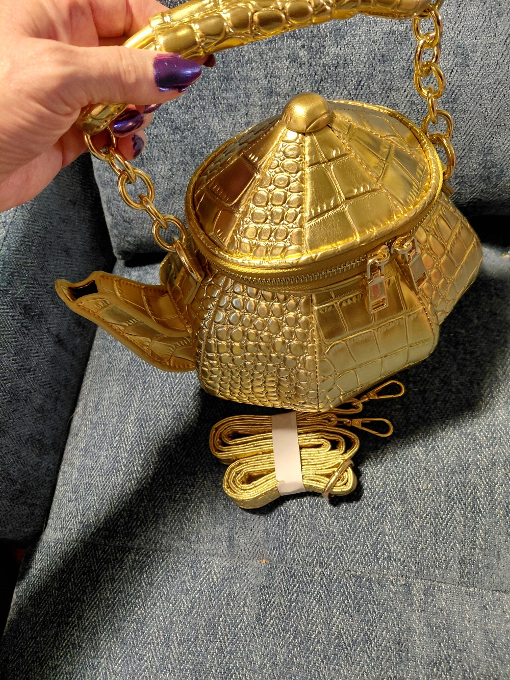 Gold Tea Kettle Croc-Texture Novelty Handbag